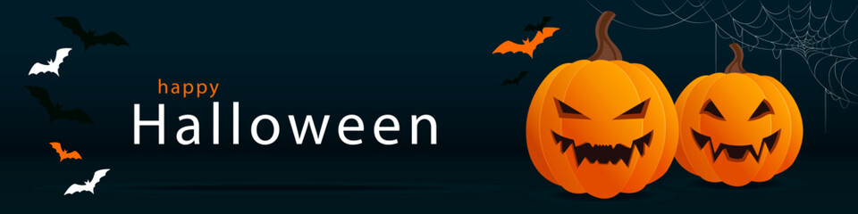 Halloween banner. Orange evil pumpkins on a dark background, cobwebs and congratulations on Halloween