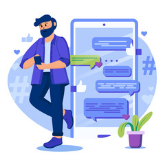 Social media concept. Man is texting in messenger with friends. Active Internet user communicates online, chatting in app. Template of people scenes. Illustration with characters in flat design