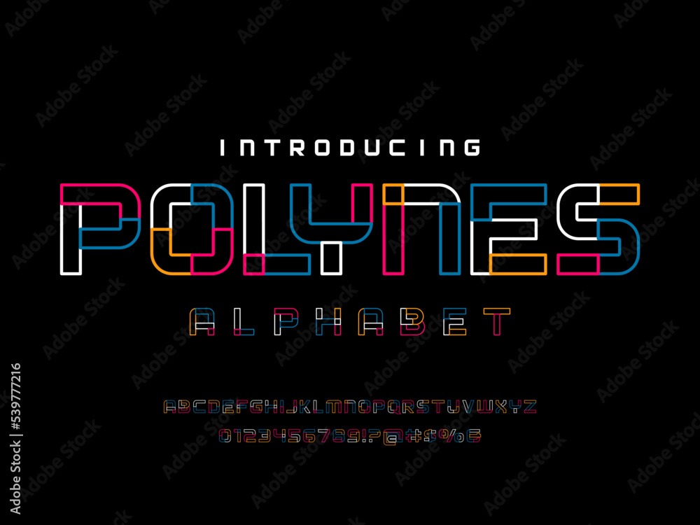 Poster colorful line style alphabet design with uppercase, numbers and symbols
