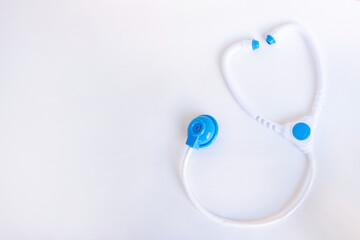 Toy stethoscope. Kids medical instruments. Children's doctor, pediatrics concept, free space for text.