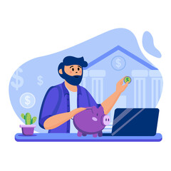 Online banking concept. Man using online account for financial transactions. Piggy bank, savings and bank service. Template of people scenes. Illustration with characters in flat design