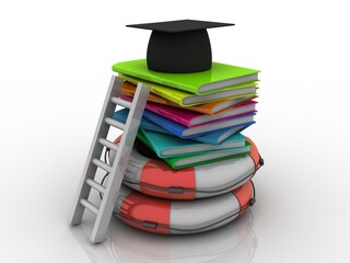 3d rendering cap on books with lifebelt
