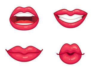 Lips collection. Glossy pink lipstick with different expressions. Kissing, smiling with white teeth, half open