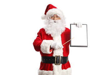 Santa claus pointing at a clipboard