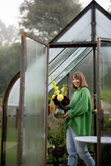 Portrait of woman florist stands with beautiful bouquet of flowers in tiny orangery at backyard. Vintage greenhouse made of rusty metal and glass