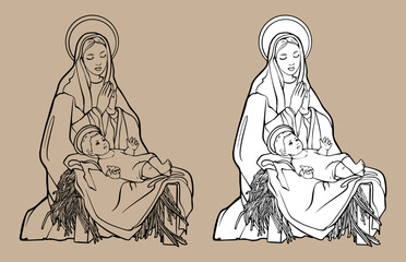 Fototapeta na wymiar Christmas Christian Nativity Scene of baby Jesus in manger with Mary vector illustration sketch doodle hand drawn with black lines isolated on white background. For coloring books and your design.
