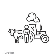 farmer icon, agriculture equipment and animals, thin line symbol on white background - editable stroke vector illustration eps10