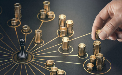 Man puting golden coins on a board representing multiple streams of income. Concept of multiplying sources of revenue. Composite image between a 3d illustration and a photography. - obrazy, fototapety, plakaty