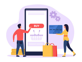 Online shopping. Man and woman buying goods on internet. Male character clicking button buy on smartphone screen