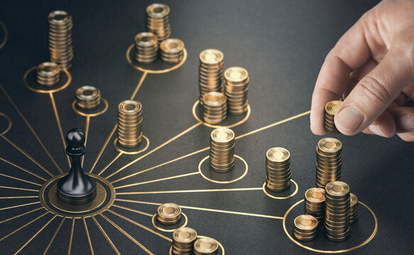 Man puting golden coins on a board representing multiple streams of income. Concept of multiplying sources of revenue. Composite image between a 3d illustration and a photography.