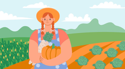 Obraz na płótnie Canvas Organic farm products. Cheerful cartoon woman holding fresh grown vegetables as pumpkin and parsnip. Cartoon teenage character