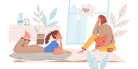 Dreaming people web concept in flat style. Women sit at cozy room, dreaming, thinking desires. Inspiration and imagination. People character activities scenes. Illustration for website template