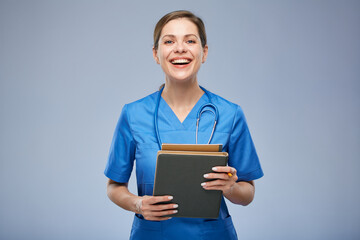 Nurse or doctor woman holding books. Isolated female portrait.