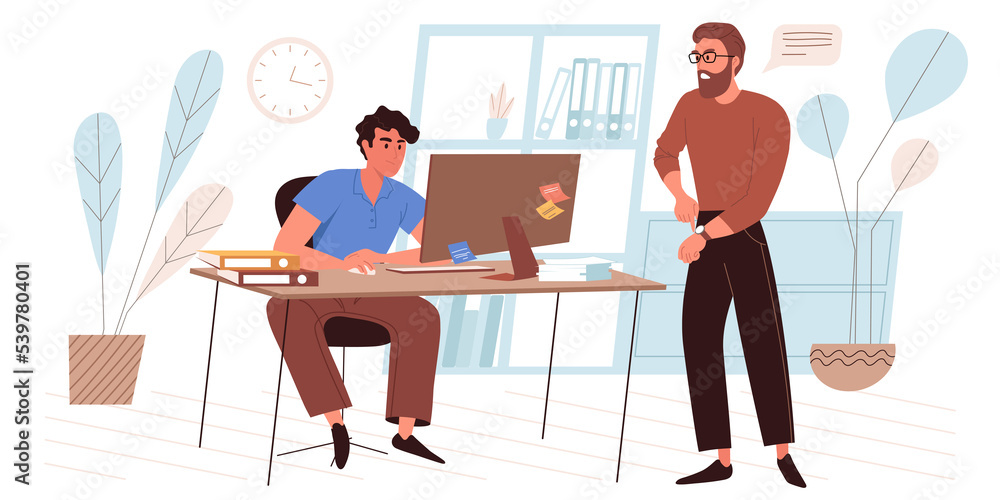 Aufkleber deadline web concept in flat style. busy employee working at laptop. angry manager points to clock. 
