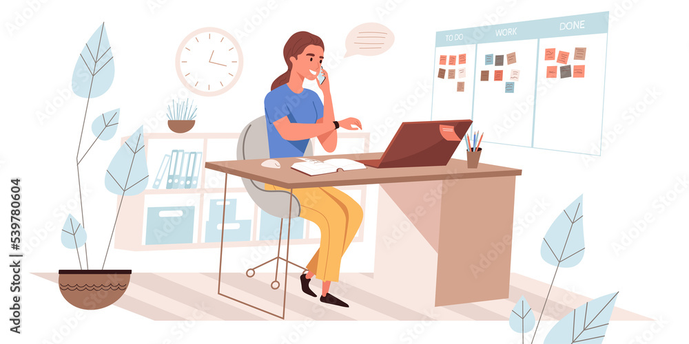Poster time management web concept in flat style. woman planning work processes, optimized workflow, marks 