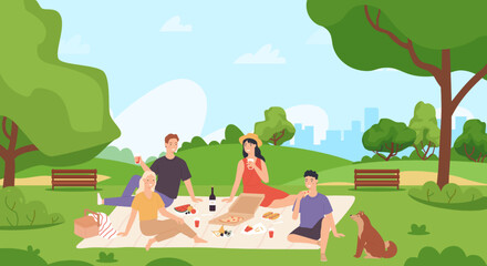 Summer picnic and recreation. Group of friends chilling and eating food in city park. Young man and woman sitting on blanket - obrazy, fototapety, plakaty