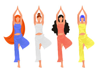 Set with women and yoga tree pose