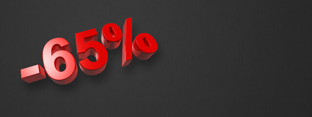65% off discount offer. 3D illustration isolated on black. Horizontal banner