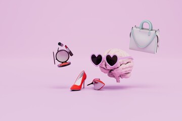 the concept of a glamorous life. brain in heart glasses, heeled shoes and a handbag with cosmetics. 3D render