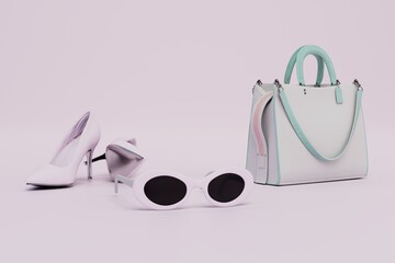 white women's shoes with heels, a handbag and glasses on a white background. 3D render