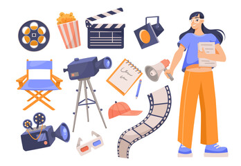 Female filmmaker and cinema elements vector illustrations set. Collection of cartoon drawings of professional camera, lights isolated on white background. Filmmaking, profession or occupation concept - obrazy, fototapety, plakaty
