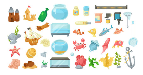 Aquarium fishes and equipment vector illustrations set. Decoration for aquarium, filter, shells, corals, stones, castles for marine animals isolated on white background. Aquarium, wildlife concept