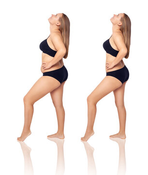 Young woman before and after weight loss. Health care concept.