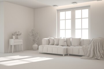 White minimalist living room with sofa. Scandinavian interior design. 3D illustration