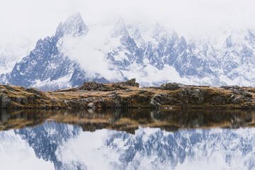 snow mountain landscape reflection in lake
