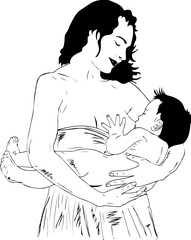 outline vector illustration of young woman doing breastfeeding, sketch drawing of woman holding her new born child and doing breastfeeding, mother and son art illustration silhouette