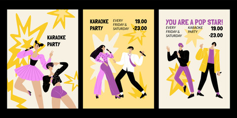 Set of vector invitation cards for karaoke party. Illustrations with cute singing young people.