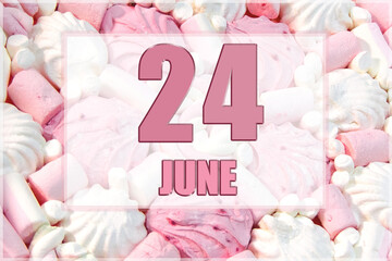 calendar date on the background of white and pink marshmallows. June 24 is the twenty-fourth  day of the month