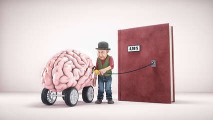 Man charging a human brain on wheels. Mental illness and burnout concept.