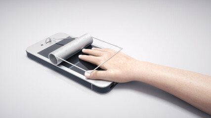 Man gets caught by a trap. Smartphone addiction and social media concept.