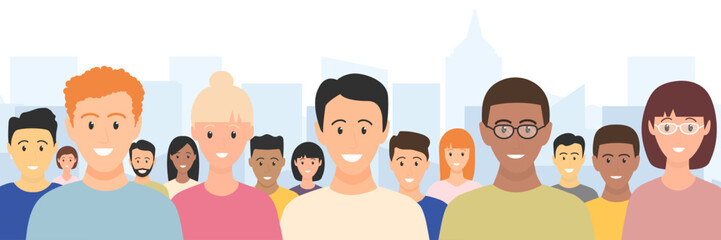 People crowd in casual cloths. Multicultural people community. Human population in city. Vector illustration.	