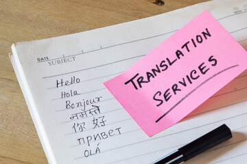 Language translation concept. Hello in different languages on notebook with translation services...