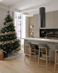 New year tree in scandinavian style interior with christmas decoration and fireplace