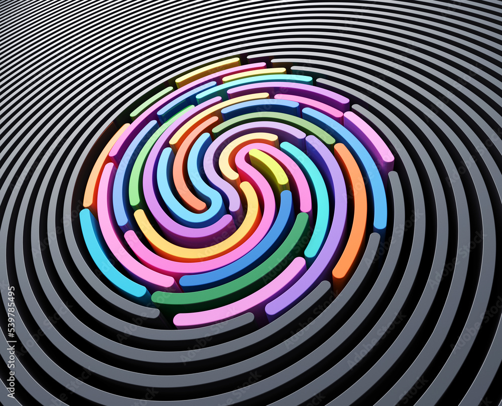 Poster 3d render abstract background of stylized fingerprint of smooth lines of spline gradient multicolor 