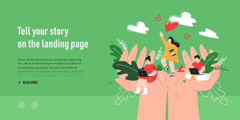 Hands holding team of tiny employees. Helping workplace community, persons with laptops flat vector illustration. Social support, job security concept for banner, website design or landing web page - obrazy, fototapety, plakaty