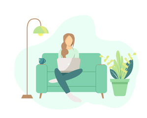 girl with laptop sitting on the sofa. Freelance or studying concept. Work from home, coworking, concept illustration.People at home in quarantine.Flat style vector illustration.