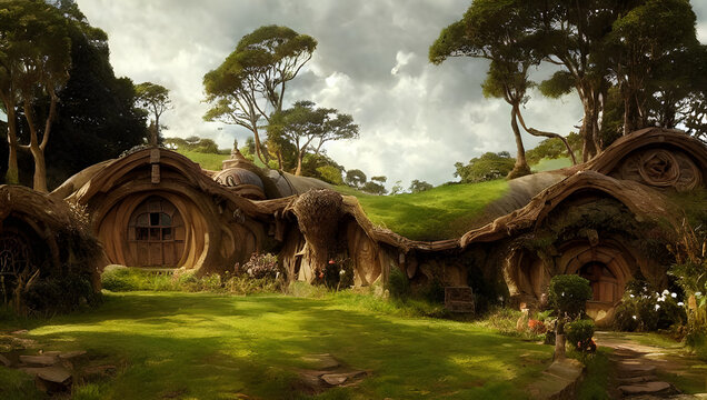 the shire / hobbiton - green hills with trees and hobbit house - inspiration painting of lord of the rings - rings of power - hobbit hole - digital painting - illustration - fantasy - medieval