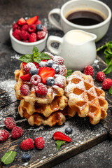 Sweet Homemade Berry Belgian Waffle with raspberries, strawberries and blueberries, sugar powder in a freeze motion of a cloud of powder midair