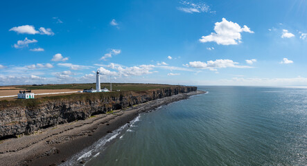 Fototapeta na wymiar aerial view of the Nash Point Lighthouse and Monknash Coast in South Wales