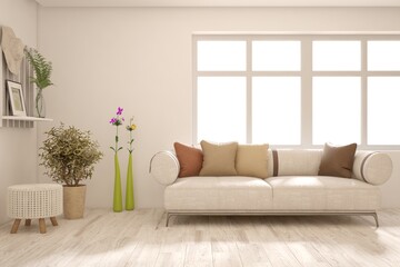 Modern living room in white color with sofa. Scandinavian interior design. 3D illustration