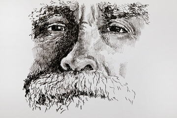 Line portrait of an old smiling man with a mustache. Hand-drawn sketch with a liner