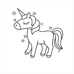 Cute cartoon unicorn. Black and white vector illustration for coloring  page