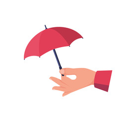 Human holds a small umbrella in hand. Element for landing page or banner and template. Umbrella in hand. Cartoon style. Vector illustration flat design. Protection concept. Security symbol.