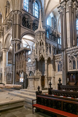 view of the elaborate pulpit in the central nave of the Canterbury Cathedral