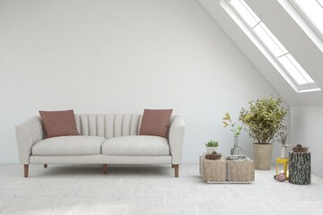 White living room with sofa. Scandinavian interior design. 3D illustration