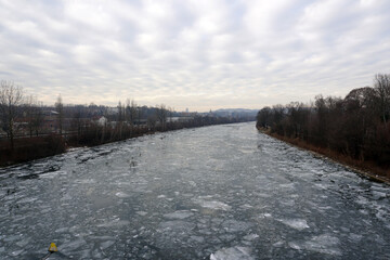 ice floes on Neckar river in Stuttgart                             